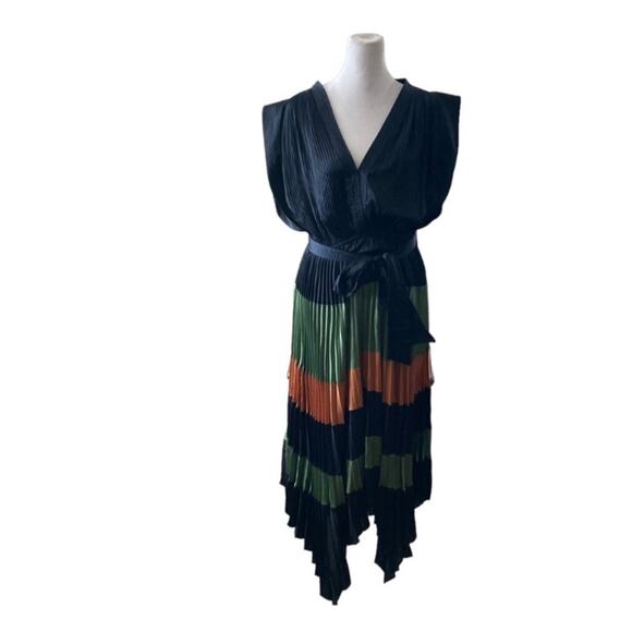 ULLA JOHNSON MaySha Striped Pleated Handkerchief Midi Dress Midnight Navy Size 6 - Picture 2 of 10